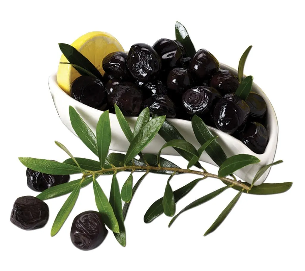 Doğal ve parlak siyah zeytinler, zeytin dalı yaprakları ve limon dilimiyle birlikte beyaz bir kasede sunulmuş sağlıklı kahvaltılık zeytin görseli.